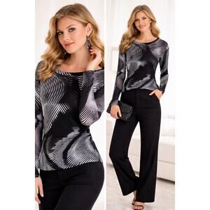 Yasuko Kurisaka Mesh Top XL Black Gray Abstract Sheer Stretch Long Sleeve USA